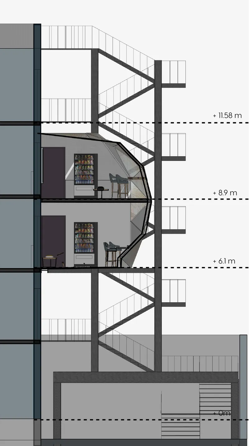 Section illustrating the two-level reading pod attached to the existing fire escape structure.