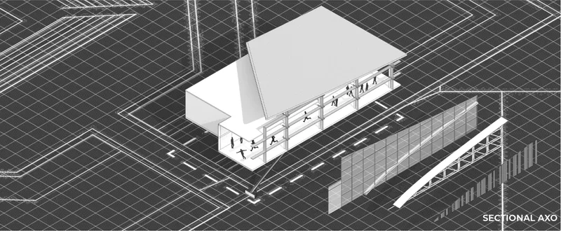 Sectional axonometric showing the sports centre’s layered structure, circulation, facade system, and elevated activity zones.