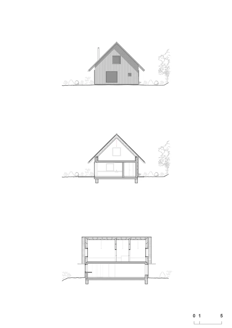 Elevation and section drawings illustrating the gabled structure with exposed timber frame and interior volumes