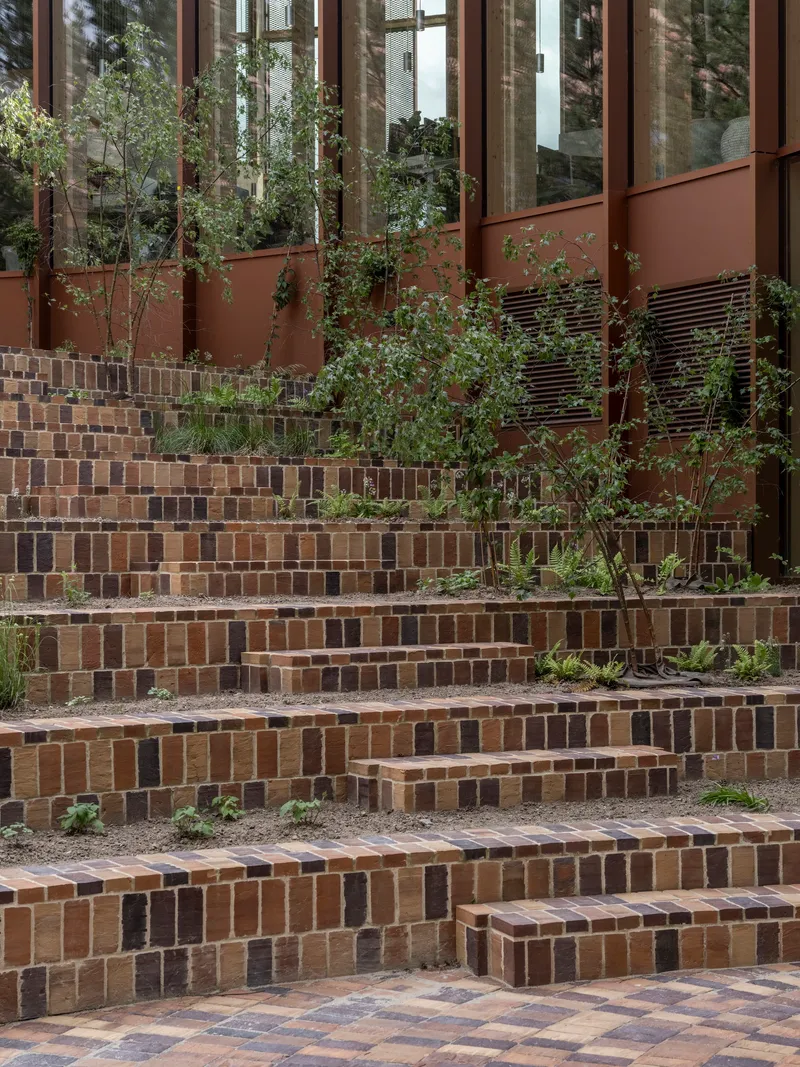 Close-up of brick terraced steps with volunteer plants growing between the courses and planters above