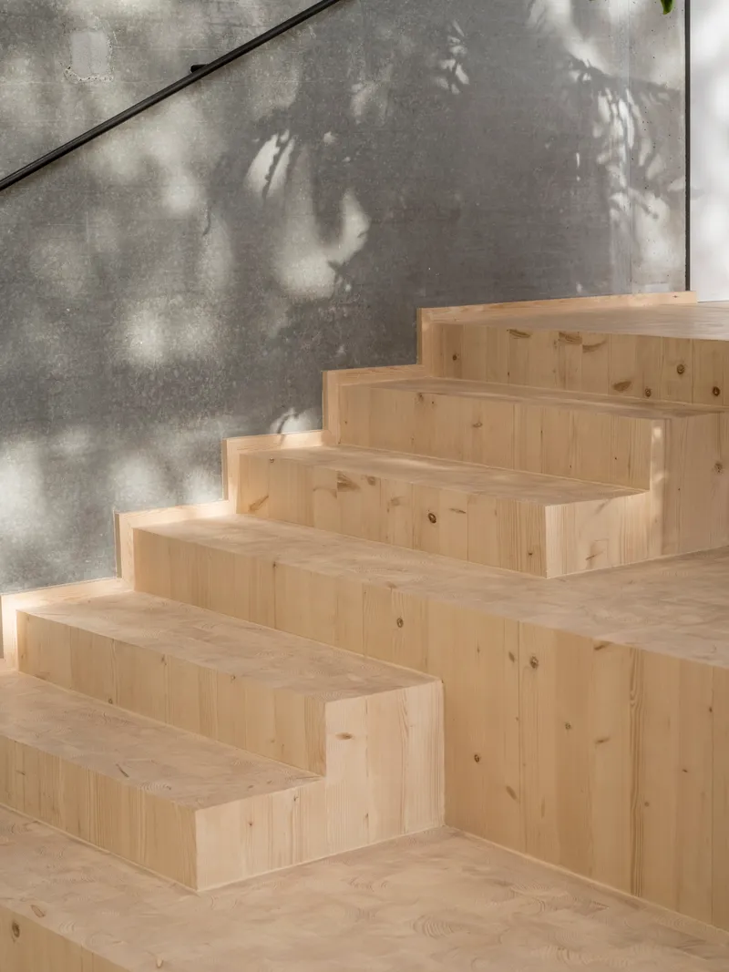 Light timber staircase with dappled shadows cast across the concrete wall behind