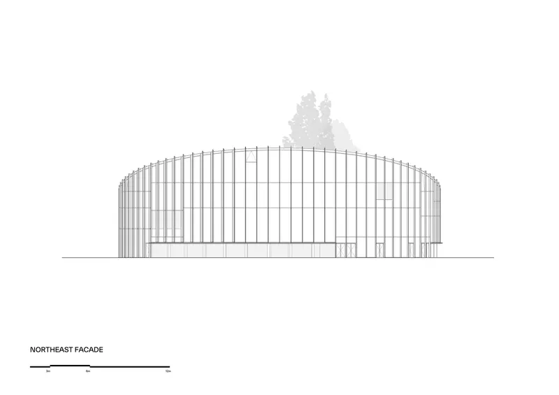 Northeast facade elevation drawing showing the curved vertical-ribbed enclosure with trees rising behind
