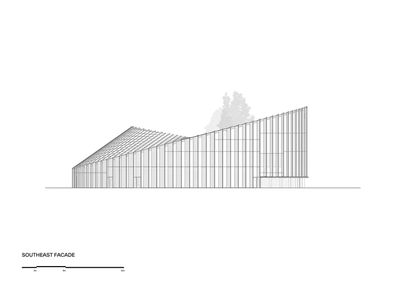 Elevation drawing of the southeast facade showing vertical cladding and a sloped roof with trees beyond