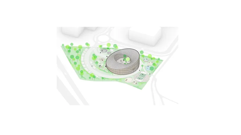 Axonometric site plan drawing showing the circular structure surrounded by landscaping and adjacent roads