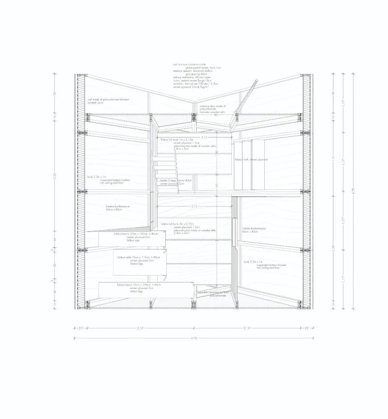 Interior plan revealing the compact arrangement of bunks, foldable furniture, storage, and circulation