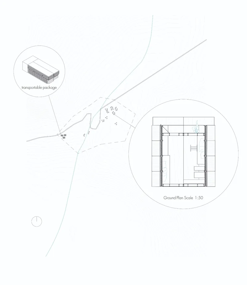 Site plan showing Fold Bunk’s compact transportable package and its placement within the pilgrimage landscape