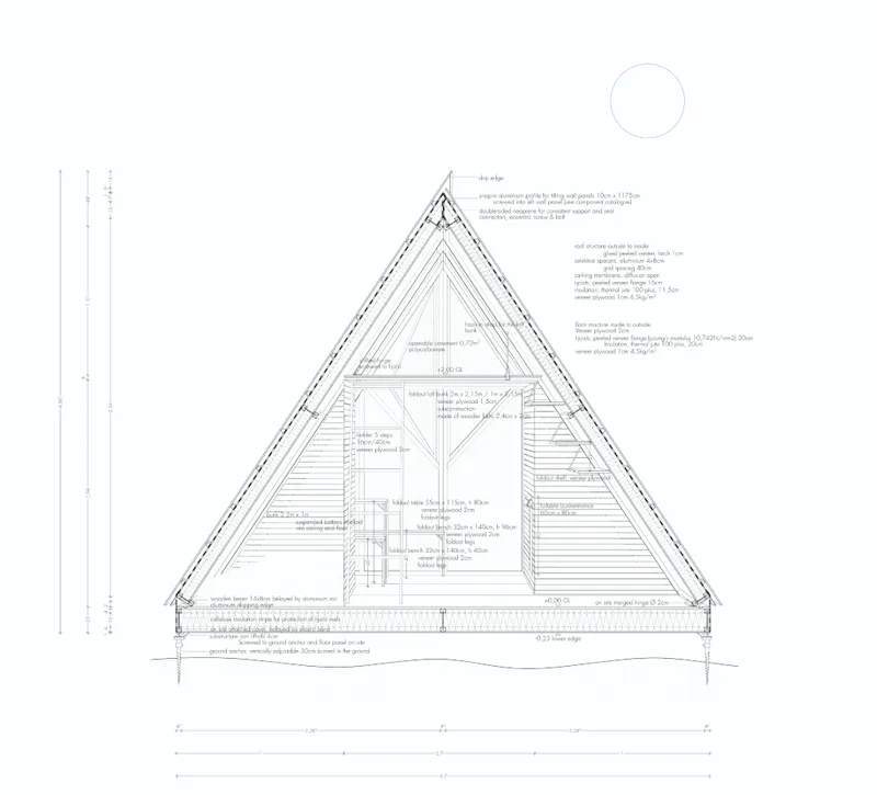 Section illustrating the A-frame structure and vertically organized sleeping spaces within the modular shelter