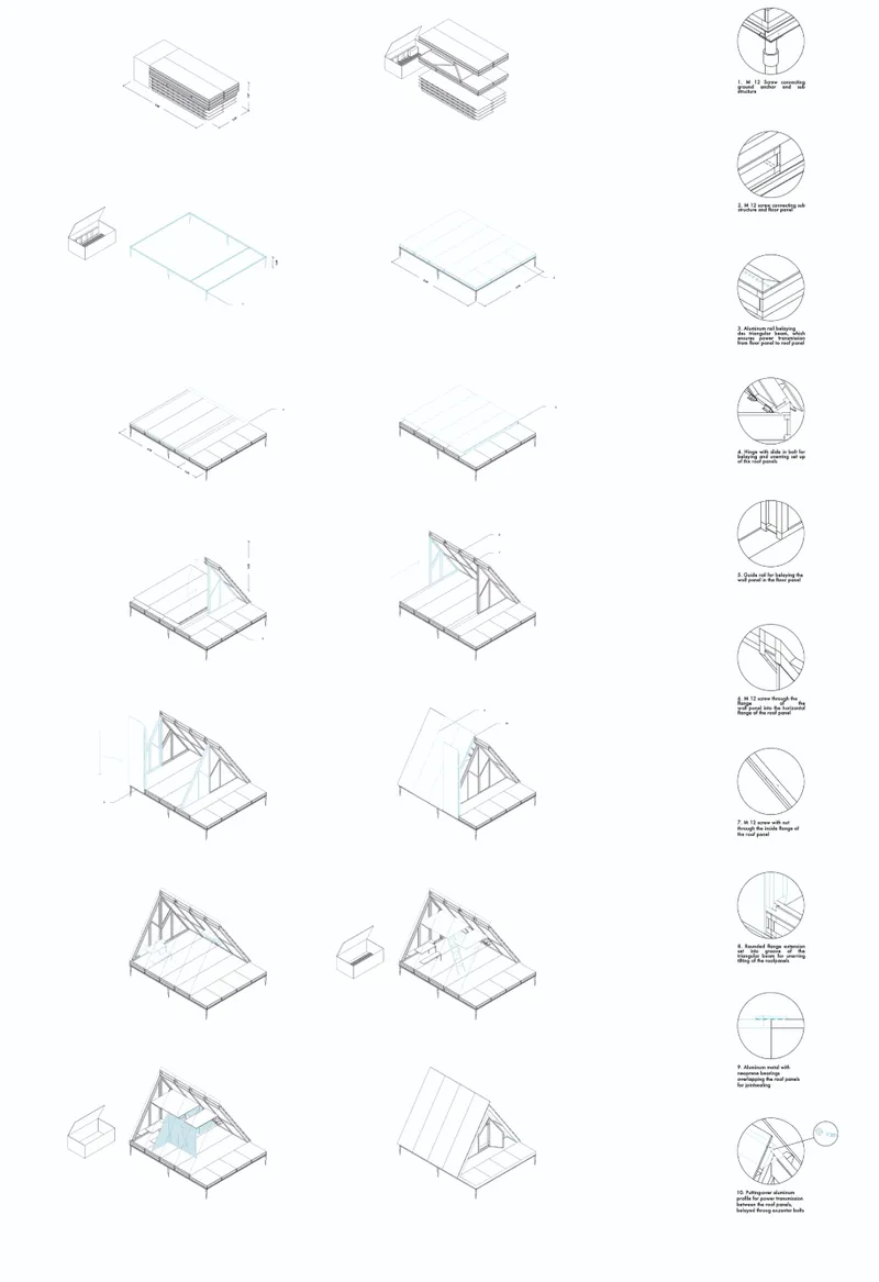 Step-by-step assembly sequence showing how Fold Bunk unfolds from a transportable package into a complete shelter
