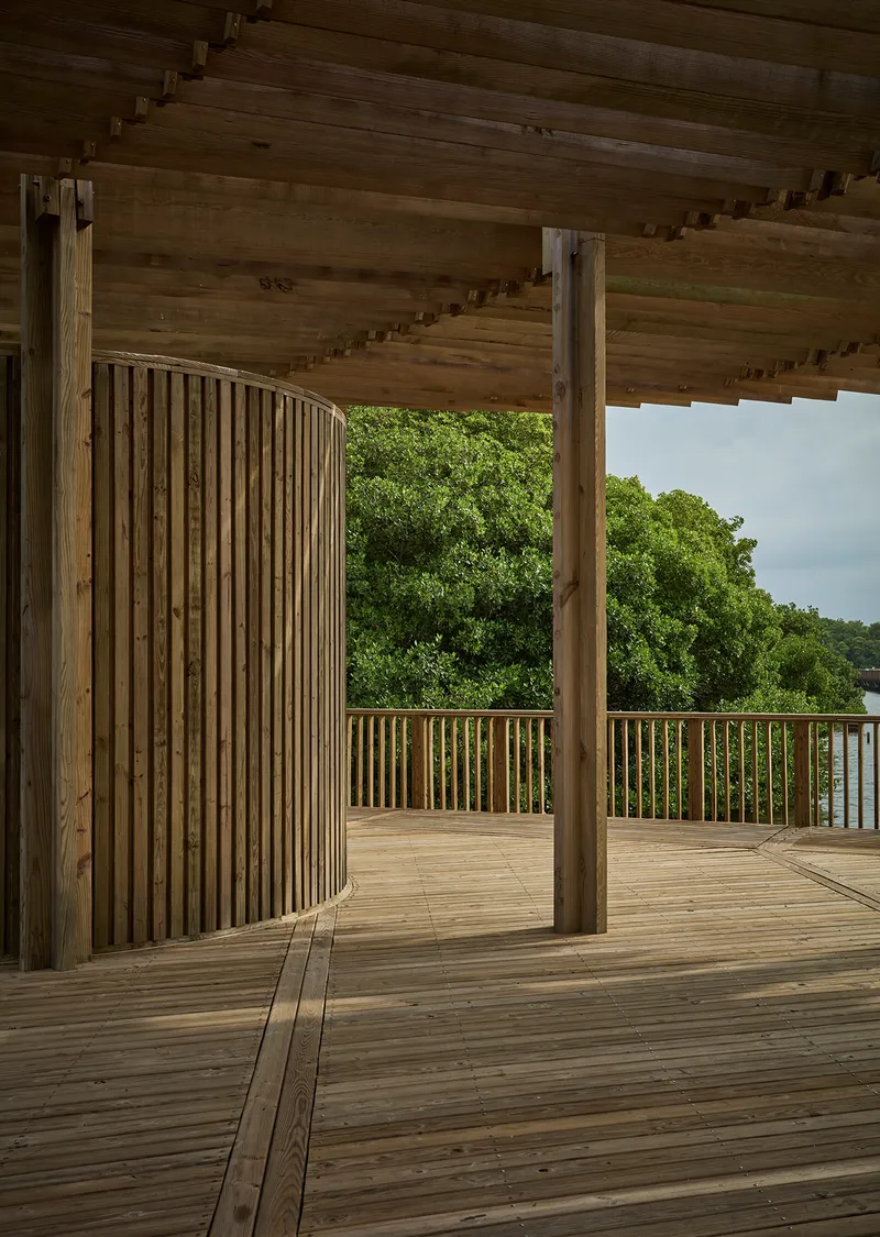 Covered timber deck with exposed joists, round columns and curved slat screen overlooking water and vegetation