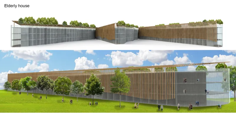 Elderly house integrated with green roofs and shaded facades.