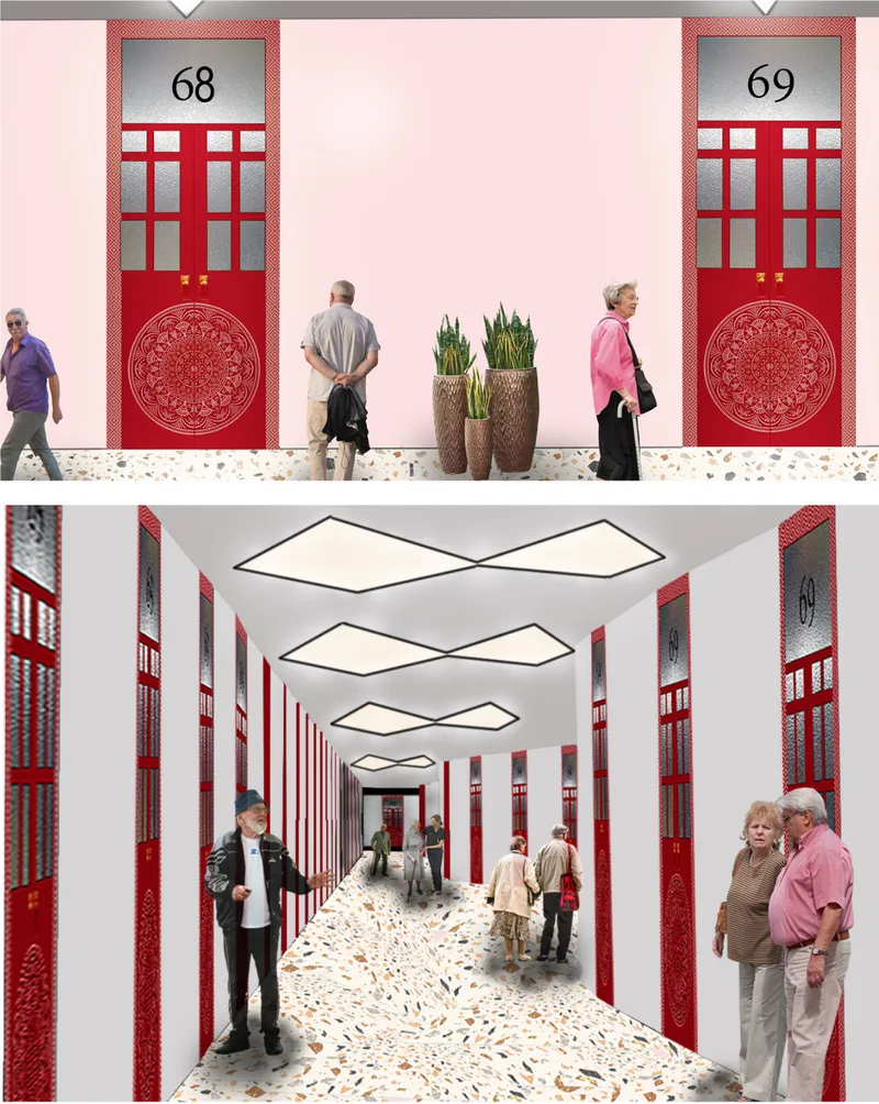 Residential corridor enriched with distinctive doors and cultural detailing.