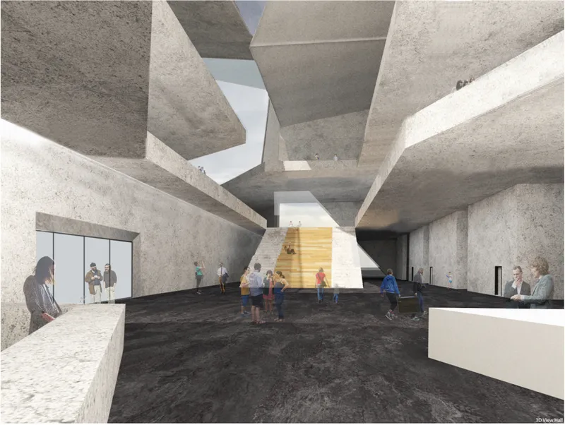 Monumental interior hall shaped by concrete volumes, open voids, and layered public circulation.