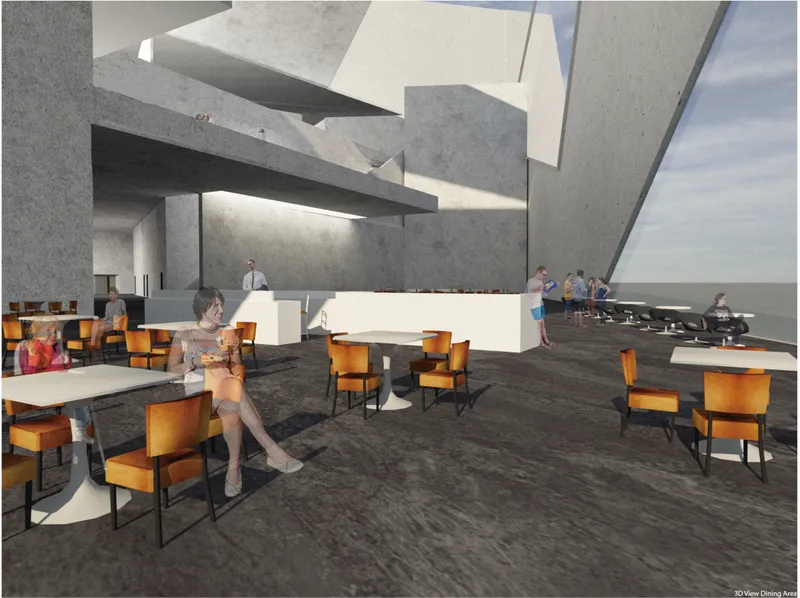 Dining area connects social life with sea views, light, and the opera house’s sculptural mass.