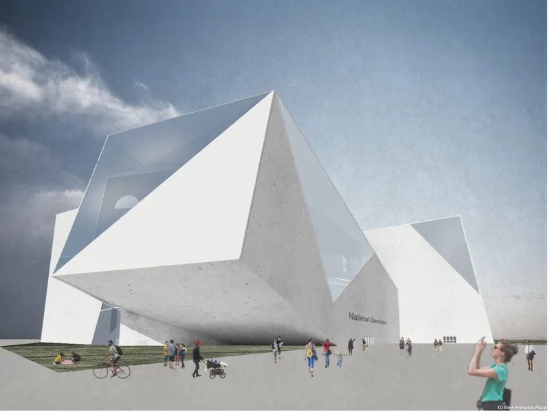 Crystal-like entrance plaza creates a bold cultural landmark on Tallinn’s seafront.