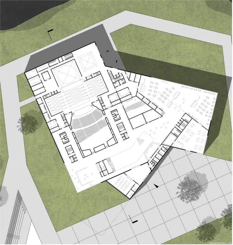 Ground floor plan reveals the opera house’s angular layout, auditorium core, and public programs.