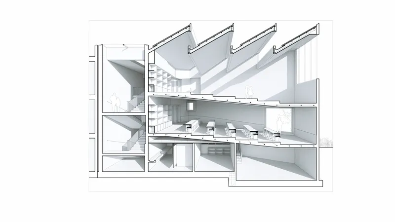 Section drawing revealing a multi-level interior with angled roof beams and suspended floor plates