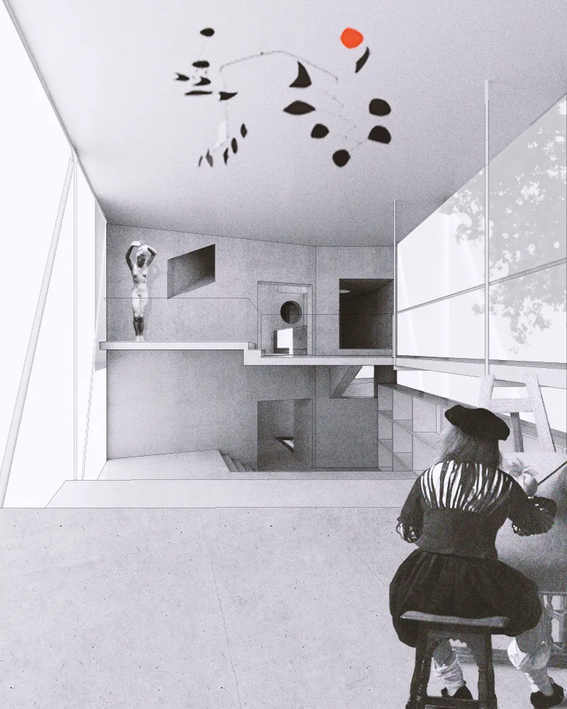 Axonometric rendering of a split-level interior with a figure seated at a desk near a window