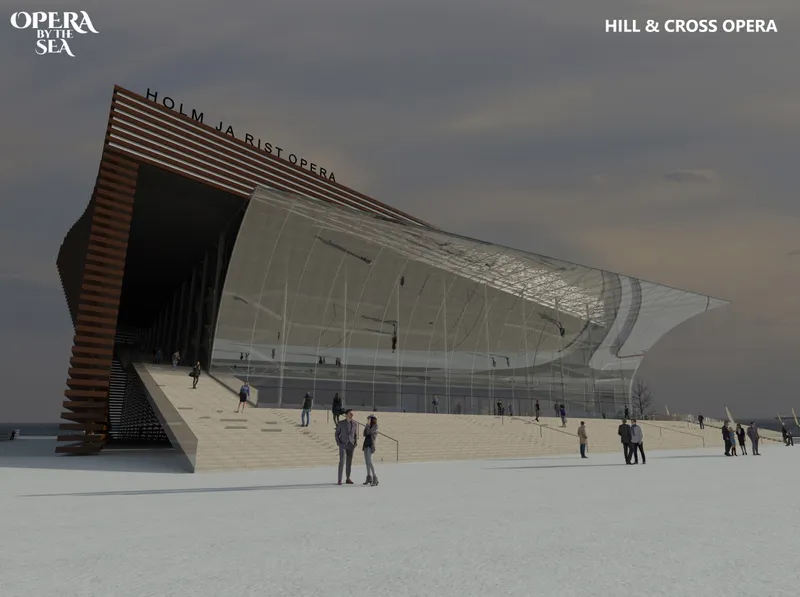 Hill &amp; Cross Opera opens toward Tallinn’s waterfront with a sweeping transparent glass façade and stepped public approach.