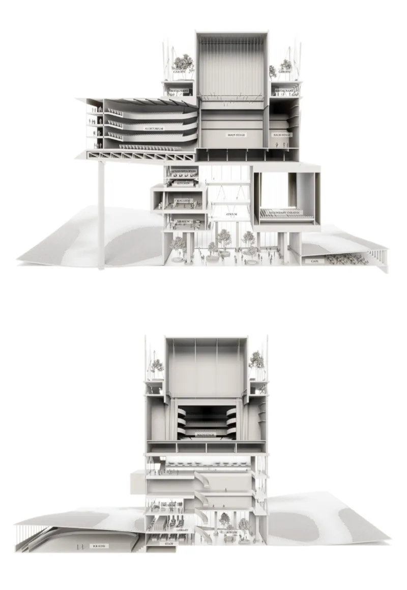 Vertical sections reveal the stacked opera house program.