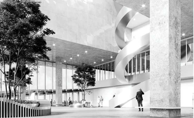A monumental public atrium shaped by light and circulation.
