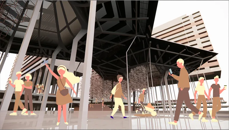 Elevated structures frame a lively public realm beneath the housing towers.