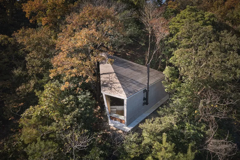 Drone view of the gable volume with metal roof and glazed end surrounded by forest