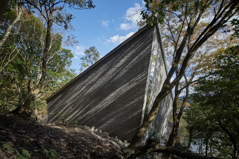 Side elevation showing the steeply pitched textured roof plane rising above the sloped terrain