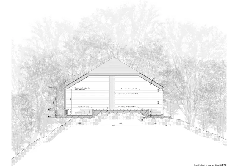 Longitudinal section drawing revealing the interior height and foundation relationship to the hillside