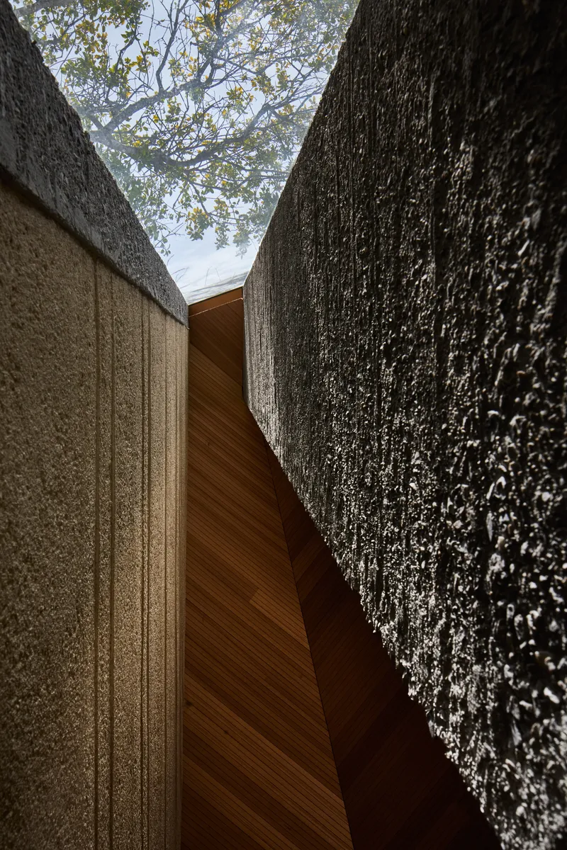 Upward view between converging textured stone walls with timber soffit and tree canopy above