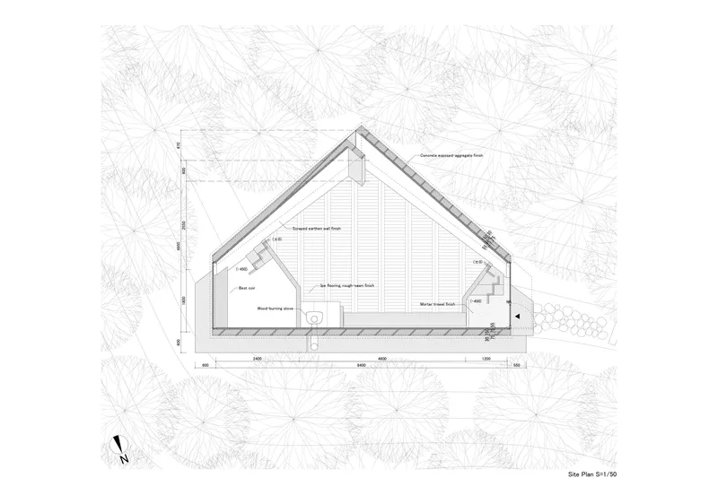Floor plan drawing of a gabled volume with interior spaces and surrounding tree canopies indicated