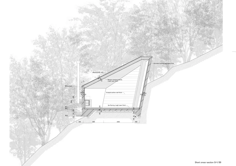 Cross-section drawing showing a gabled structure embedded into a sloping site with surrounding trees