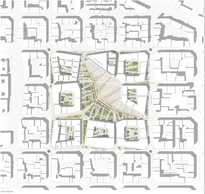 Site plan transforming Barcelona’s rigid urban grid into a connected green hyperblock