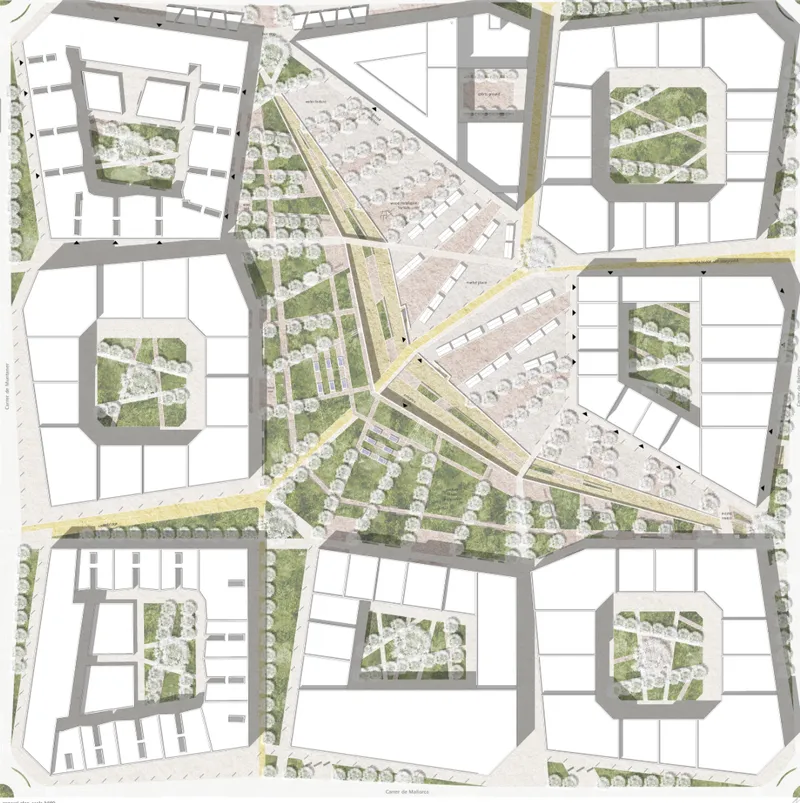 Masterplan integrating courtyards, landscaped corridors, public plazas, and pedestrian routes