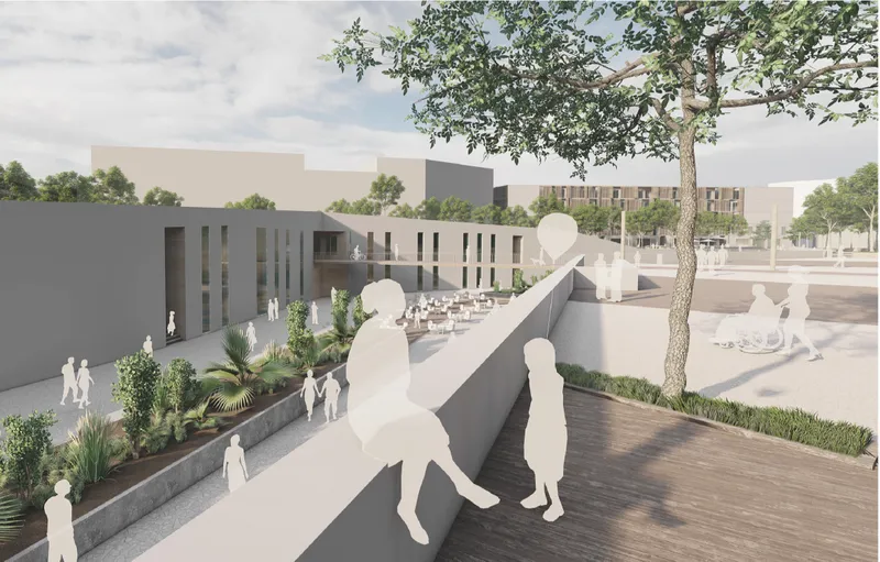 Layered pedestrian spaces connect sunken programs, planted areas, and active public zones