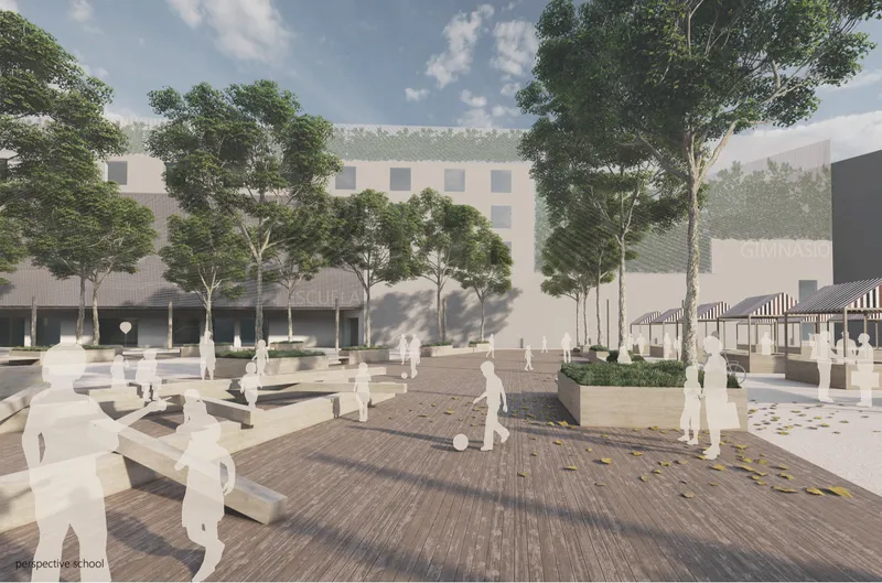 School plaza combines shaded seating, play areas, greenery, and flexible community space