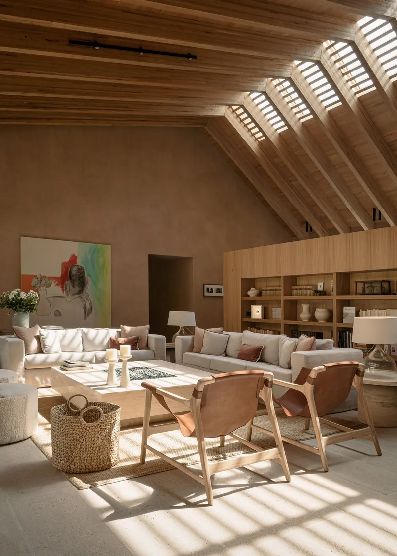Pitched roof with slatted timber skylights creating bands of light across the floor below