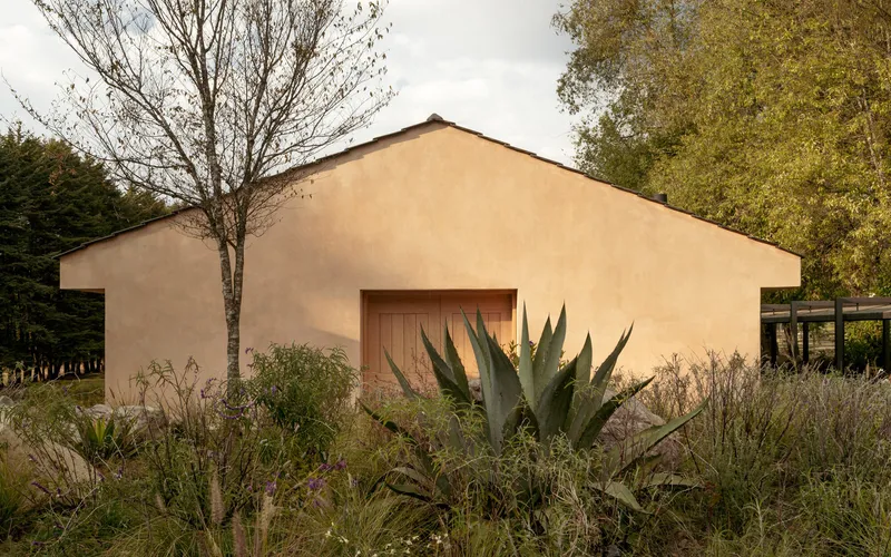 Gabled earthen facade with timber door surrounded by agave and dry grasses under deciduous trees