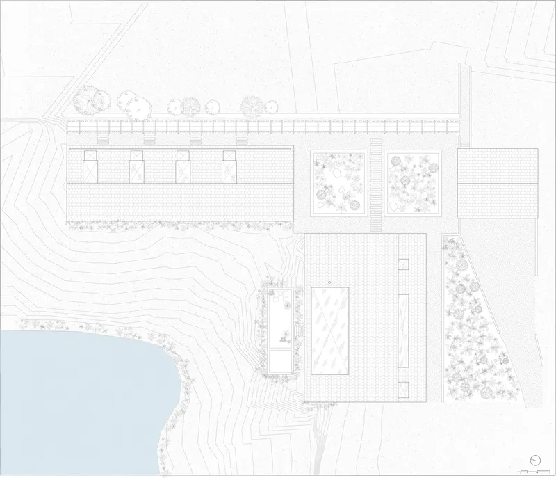 Roof plan drawing depicting various building footprints with different roof textures adjacent to a water body