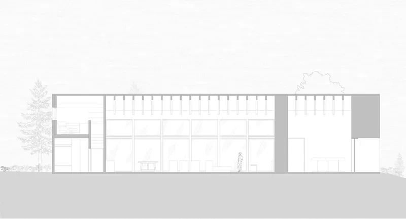 Elevation drawing showing a glazed facade with vertical mullions and a figure standing inside