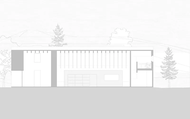 Elevation drawing depicting a long facade with repeating vertical louvers and flanking trees