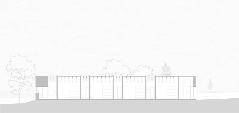 Elevation drawing showing a series of volumes with vertical slats and outlined deciduous trees