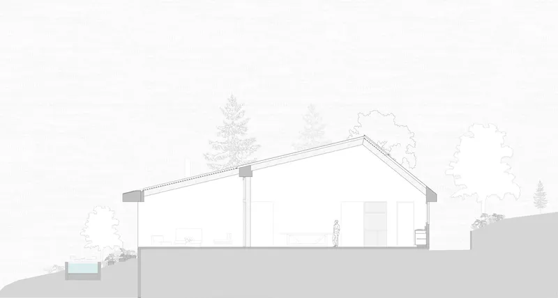 Section drawing revealing a sloped roof structure with a figure inside and waterfront edge