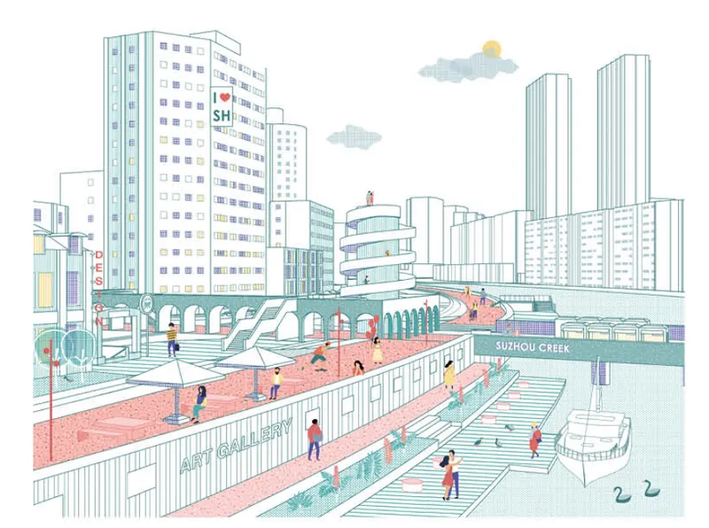 Waterfront perspective highlighting vibrant public terraces, cultural spaces, and continuous pedestrian access reconnecting the city with Suzhou Creek.