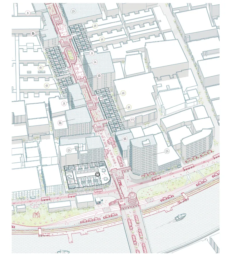 Axonometric masterplan showcasing pedestrian corridors, community programs, and enhanced connectivity between dense urban neighborhoods and the waterfront.