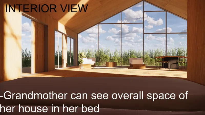 An open-plan timber interior uses expansive glazing to give the grandmother clear views across the house and into the landscape.
