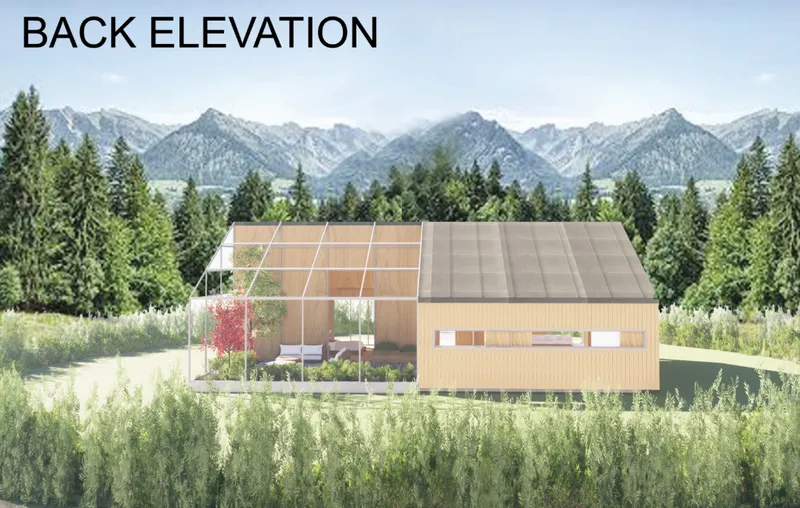 The rear façade combines warm timber cladding with a transparent greenhouse that opens the house toward the surrounding vegetation.
