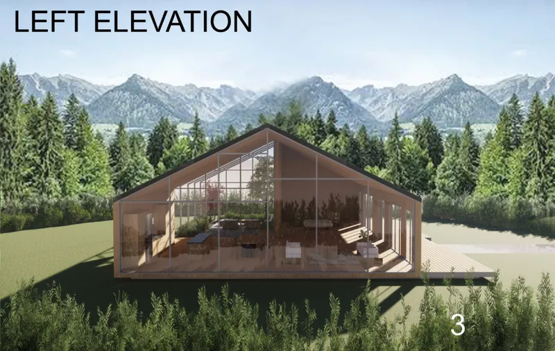 Full-height glazing reveals the open domestic interior while strengthening visual connections between the house and forest setting.
