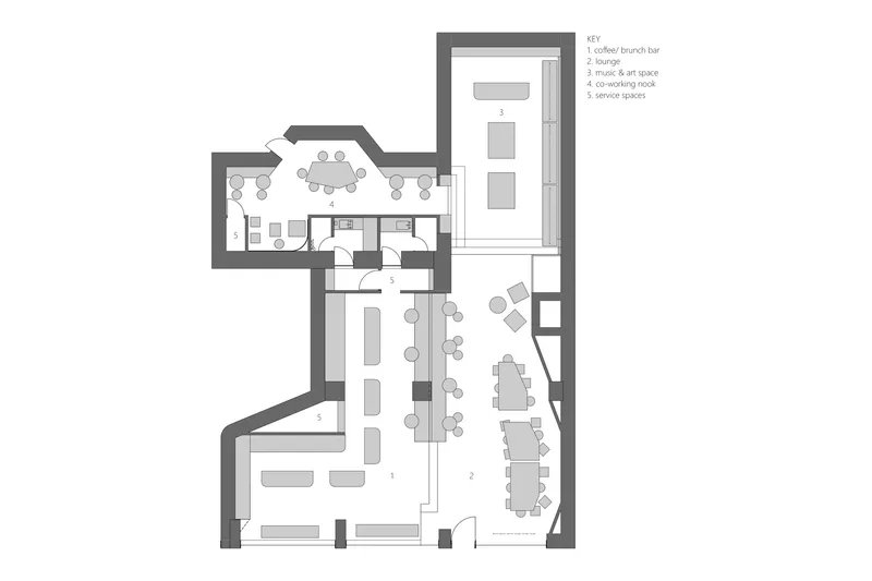 Floor plan drawing showing interconnected spaces with seating areas, service zones and circulation routes