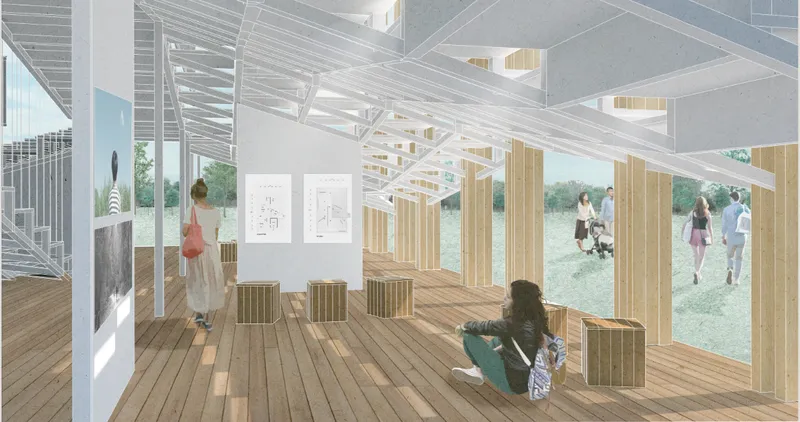 Open ground-level gallery space connects cinema, exhibition, timber structure, and surrounding landscape.