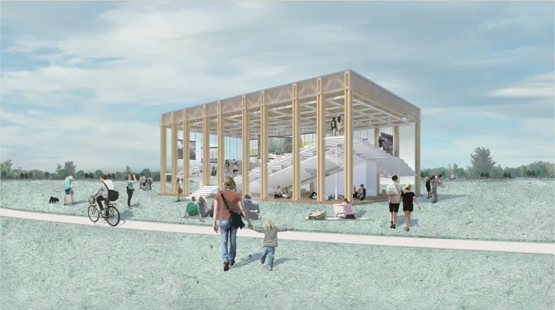 An open timber-framed cinema pavilion extends moviegoing into the park and everyday public life.